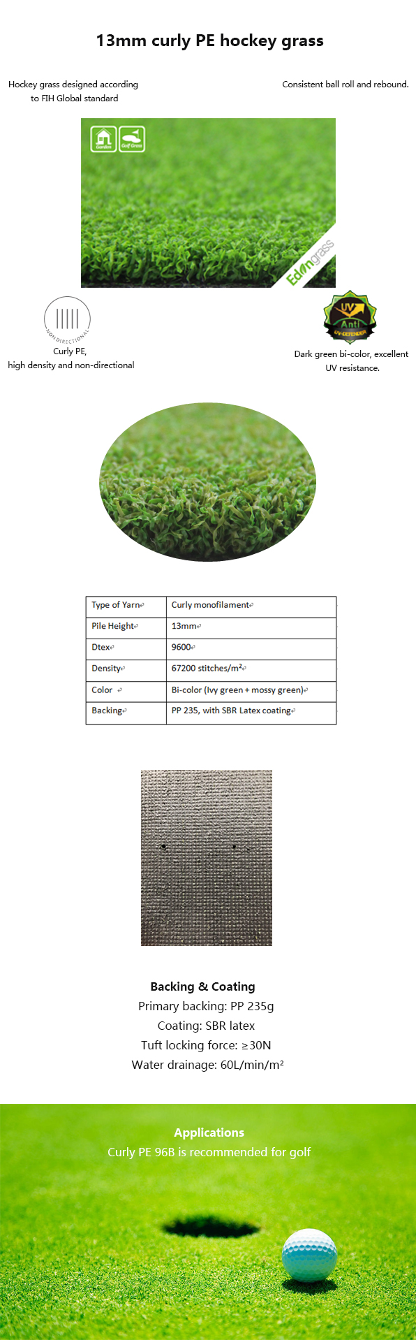 Taille artificielle de l'herbe 13m de golf synthétique de pelouse de putting green résistante à l'usure 0